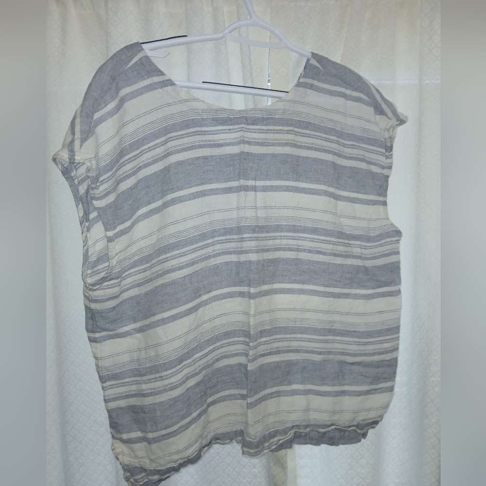 Cynthia Rowley Blue and White Cap Sleeve Blouse XL 100% Linen